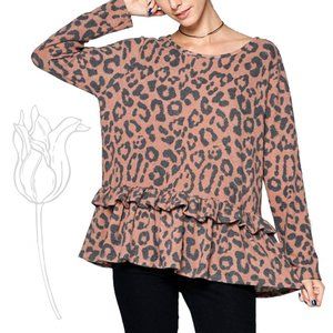 Pink Leopard Ruffle-Hem Scoop Neck Sweater Top